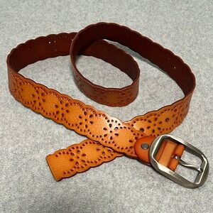 Boho Leather Tooled Belt Silver Tone Metal Buckle Western Festival